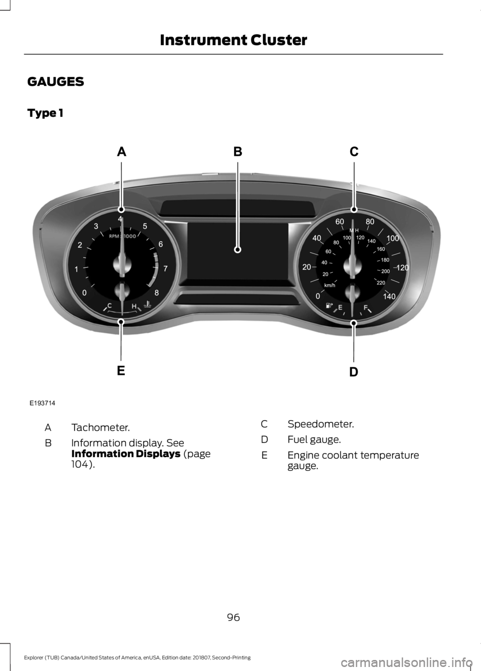 FORD EXPLORER 2019  Owners Manual GAUGES
Type 1
Tachometer.
A
Information display. See
Information Displays (page
104).
B
Speedometer.
C
Fuel gauge.
D
Engine coolant temperature
gauge.
E
96
Explorer (TUB) Canada/United States of Ameri