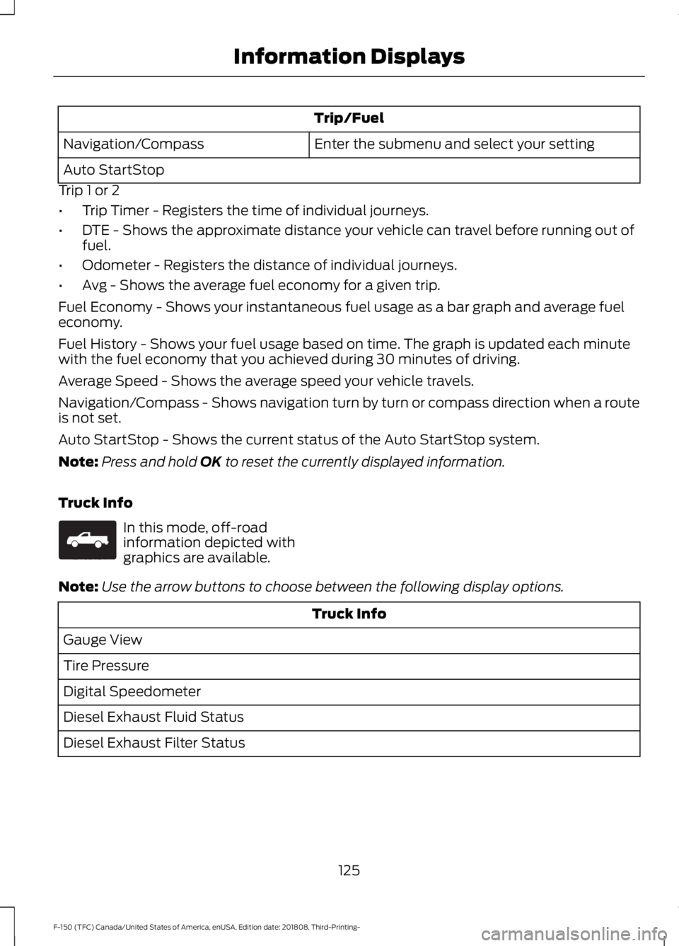 FORD F-150 2019 Owners Manual Trip/Fuel
Enter the submenu and select your setting
Navigation/Compass
Auto StartStop
Trip 1 or 2
• Trip Timer - Registers the time of individual journeys.
• DTE - Shows the approximate distance y FORD F-150 2019 Owners Manual Trip/Fuel
Enter the submenu and select your setting
Navigation/Compass
Auto StartStop
Trip 1 or 2
• Trip Timer - Registers the time of individual journeys.
• DTE - Shows the approximate distance y