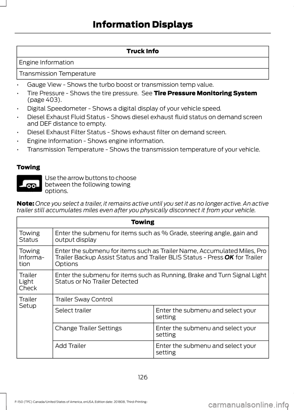FORD F-150 2019 Owners Manual Truck Info
Engine Information
Transmission Temperature
• Gauge View - Shows the turbo boost or transmission temp value.
• Tire Pressure - Shows the tire pressure. See Tire Pressure Monitoring Sys FORD F-150 2019 Owners Manual Truck Info
Engine Information
Transmission Temperature
• Gauge View - Shows the turbo boost or transmission temp value.
• Tire Pressure - Shows the tire pressure. See Tire Pressure Monitoring Sys