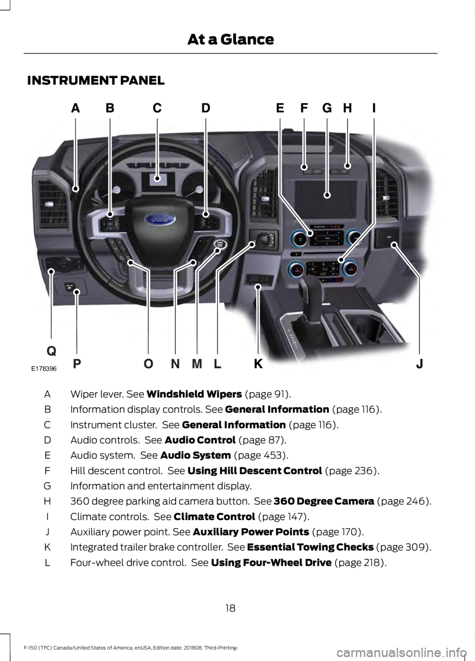 FORD F-150 2019  Owners Manual INSTRUMENT PANEL
Wiper lever. See Windshield Wipers (page 91).
A
Information display controls.
 See General Information (page 116).
B
Instrument cluster.  See 
General Information (page 116).
C
Audio 