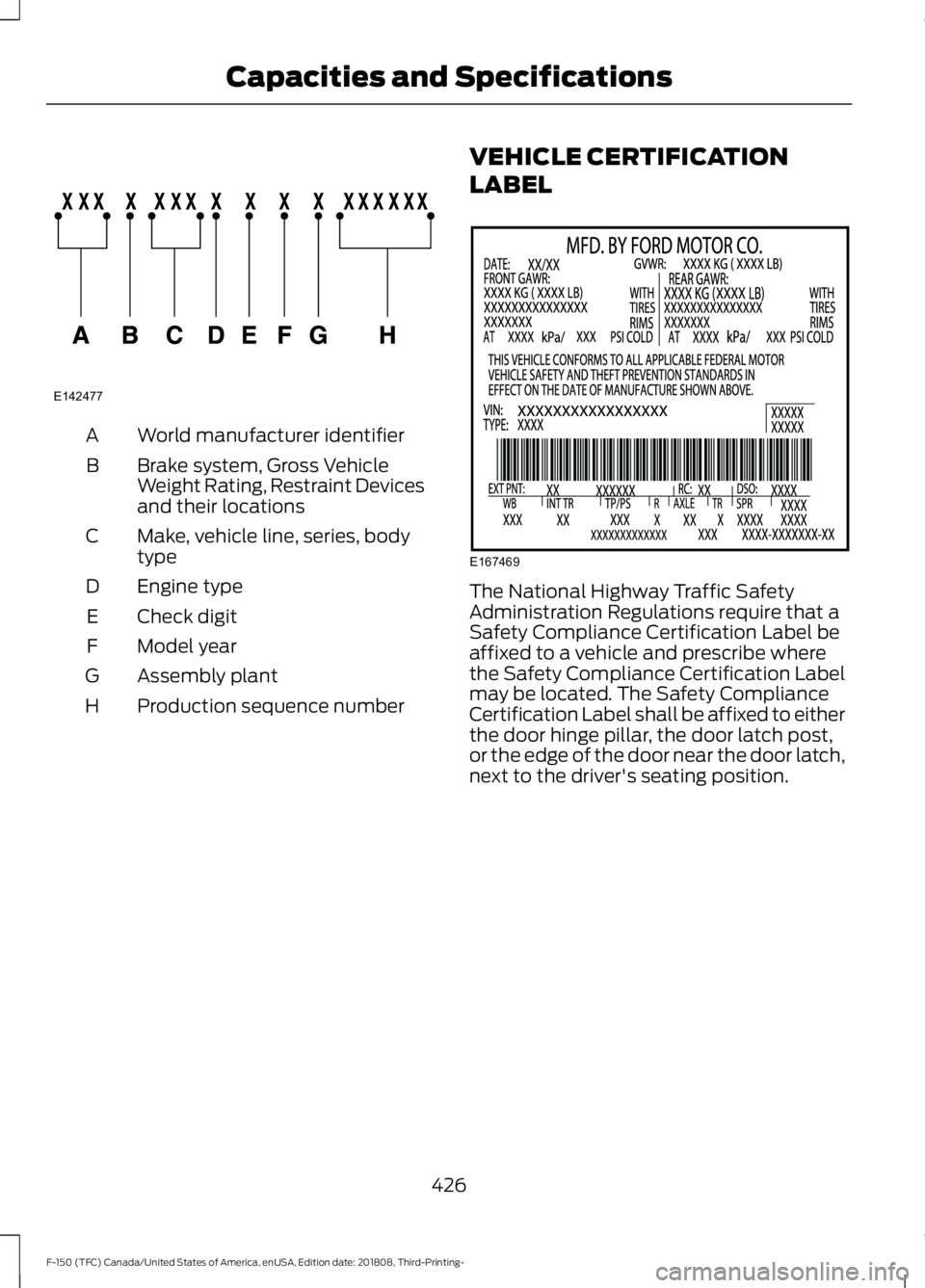 FORD F-150 2019  Owners Manual World manufacturer identifier
A
Brake system, Gross Vehicle
Weight Rating, Restraint Devices
and their locations
B
Make, vehicle line, series, body
type
C
Engine type
D
Check digit
E
Model year
F
Asse