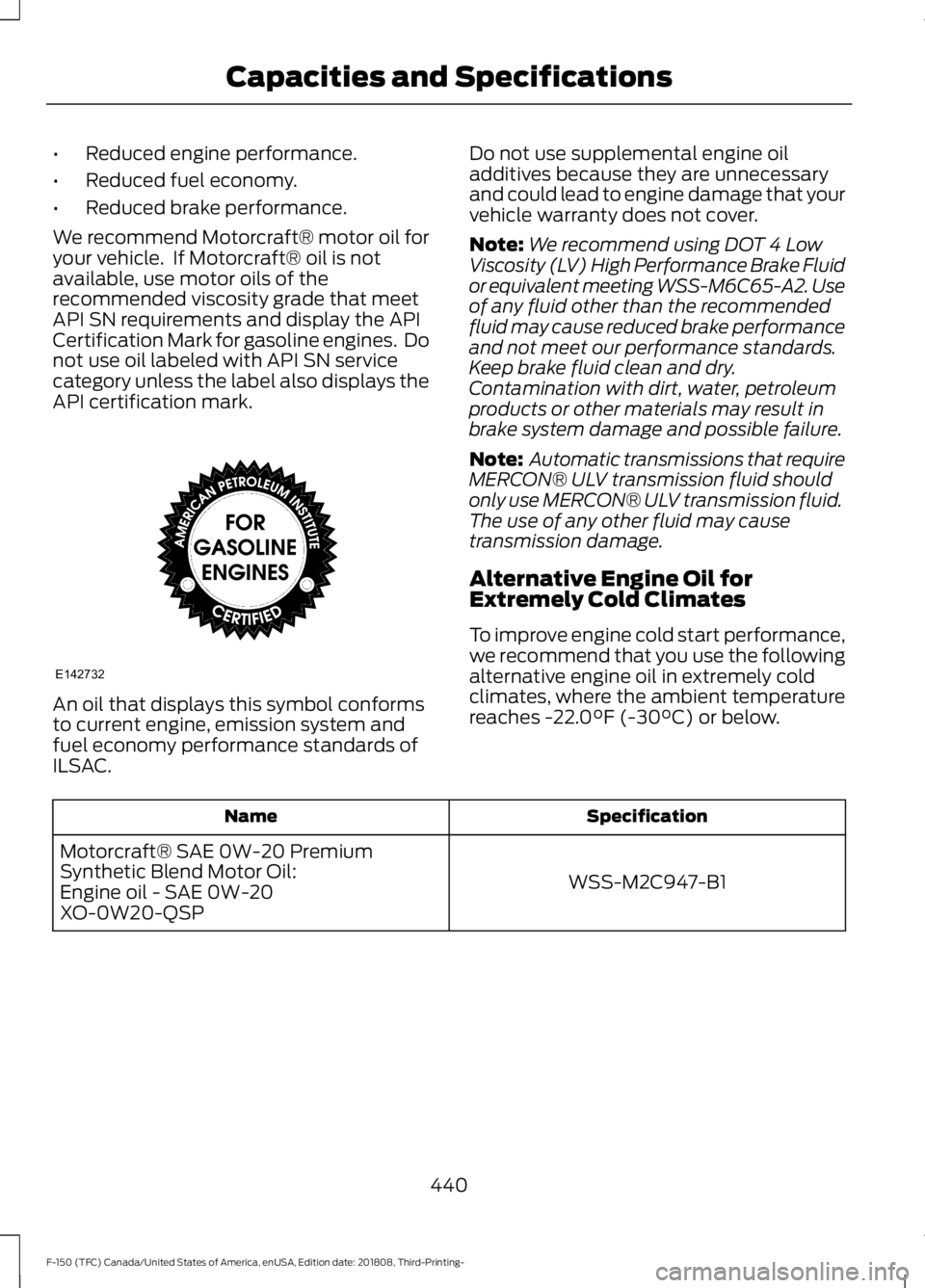 FORD F-150 2019 Owners Manual •
Reduced engine performance.
• Reduced fuel economy.
• Reduced brake performance.
We recommend Motorcraft® motor oil for
your vehicle. If Motorcraft® oil is not
available, use motor oils of FORD F-150 2019 Owners Manual •
Reduced engine performance.
• Reduced fuel economy.
• Reduced brake performance.
We recommend Motorcraft® motor oil for
your vehicle. If Motorcraft® oil is not
available, use motor oils of