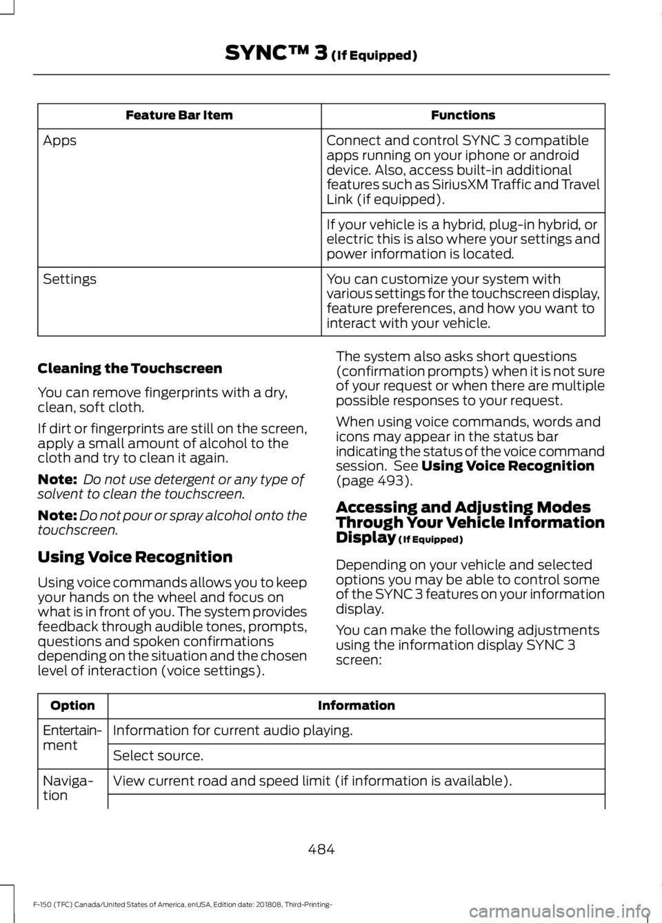 FORD F-150 2019 Owners Manual Functions
Feature Bar Item
Connect and control SYNC 3 compatible
apps running on your iphone or android
device. Also, access built-in additional
features such as SiriusXM Traffic and Travel
Link (if e FORD F-150 2019 Owners Manual Functions
Feature Bar Item
Connect and control SYNC 3 compatible
apps running on your iphone or android
device. Also, access built-in additional
features such as SiriusXM Traffic and Travel
Link (if e