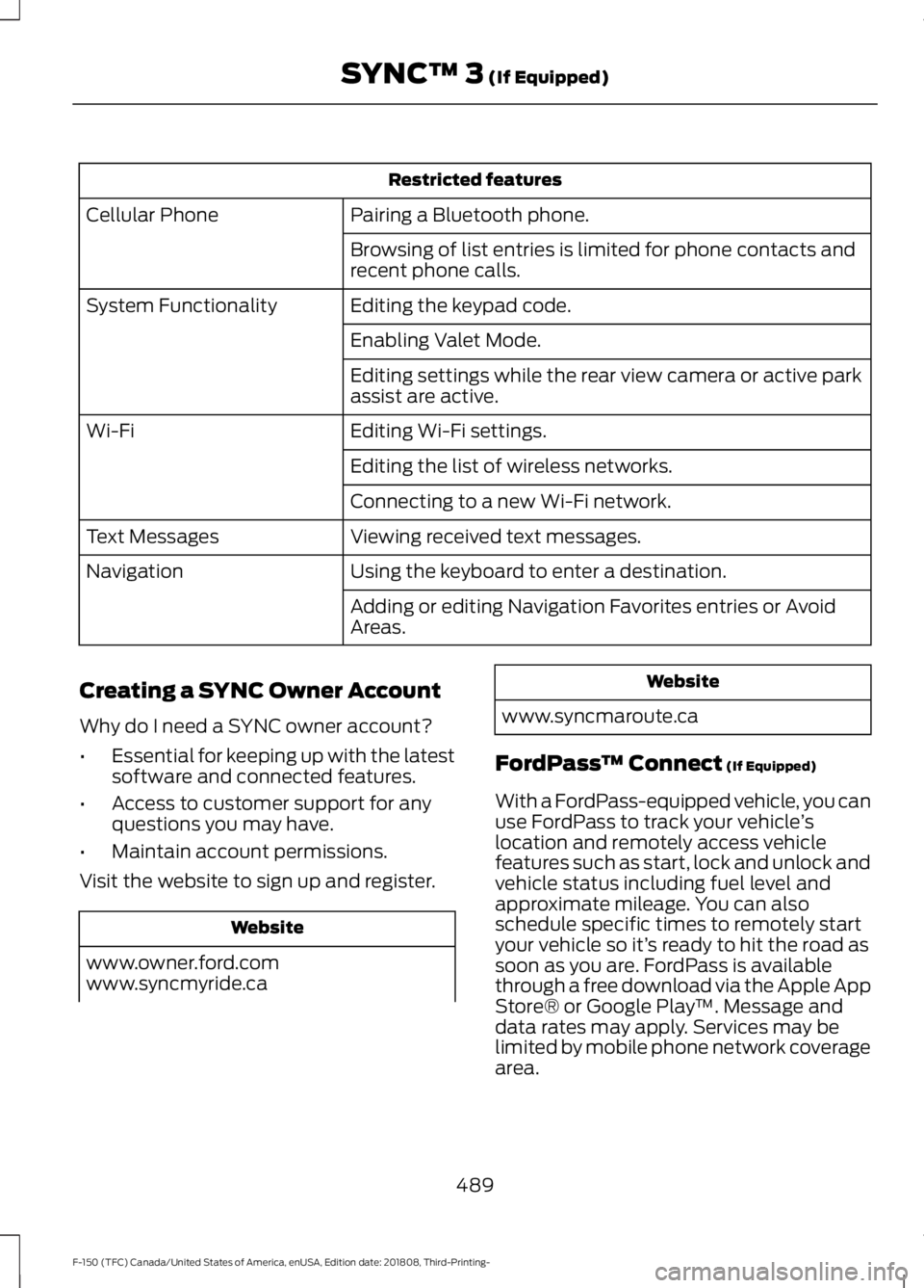 FORD F-150 2019 Owners Manual Restricted features
Pairing a Bluetooth phone.
Cellular Phone
Browsing of list entries is limited for phone contacts and
recent phone calls.
Editing the keypad code.
System Functionality
Enabling Vale FORD F-150 2019 Owners Manual Restricted features
Pairing a Bluetooth phone.
Cellular Phone
Browsing of list entries is limited for phone contacts and
recent phone calls.
Editing the keypad code.
System Functionality
Enabling Vale