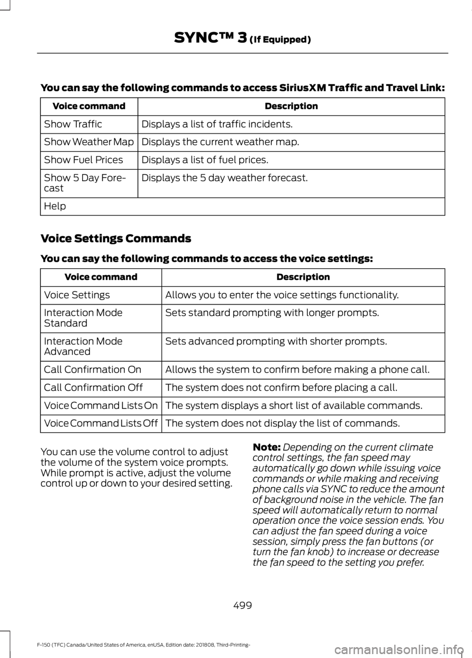 FORD F-150 2019 Owners Manual You can say the following commands to access SiriusXM Traffic and Travel Link:
Description
Voice command
Displays a list of traffic incidents.
Show Traffic
Displays the current weather map.
Show Weath FORD F-150 2019 Owners Manual You can say the following commands to access SiriusXM Traffic and Travel Link:
Description
Voice command
Displays a list of traffic incidents.
Show Traffic
Displays the current weather map.
Show Weath