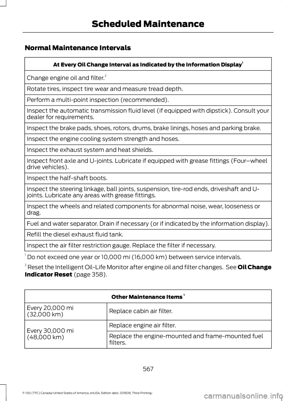 FORD F-150 2019 Owners Manual Normal Maintenance Intervals
At Every Oil Change Interval as Indicated by the Information Display
1
Change engine oil and filter. 2
Rotate tires, inspect tire wear and measure tread depth.
Perform a m FORD F-150 2019 Owners Manual Normal Maintenance Intervals
At Every Oil Change Interval as Indicated by the Information Display
1
Change engine oil and filter. 2
Rotate tires, inspect tire wear and measure tread depth.
Perform a m