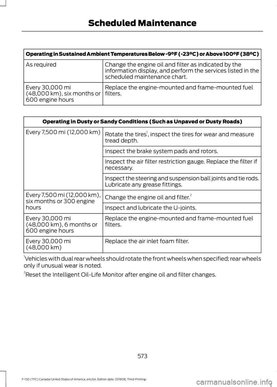 FORD F-150 2019 Owners Manual Operating in Sustained Ambient Temperatures Below -9°F (-23°C) or Above 100°F (38°C)
Change the engine oil and filter as indicated by the
information display, and perform the services listed in th FORD F-150 2019 Owners Manual Operating in Sustained Ambient Temperatures Below -9°F (-23°C) or Above 100°F (38°C)
Change the engine oil and filter as indicated by the
information display, and perform the services listed in th