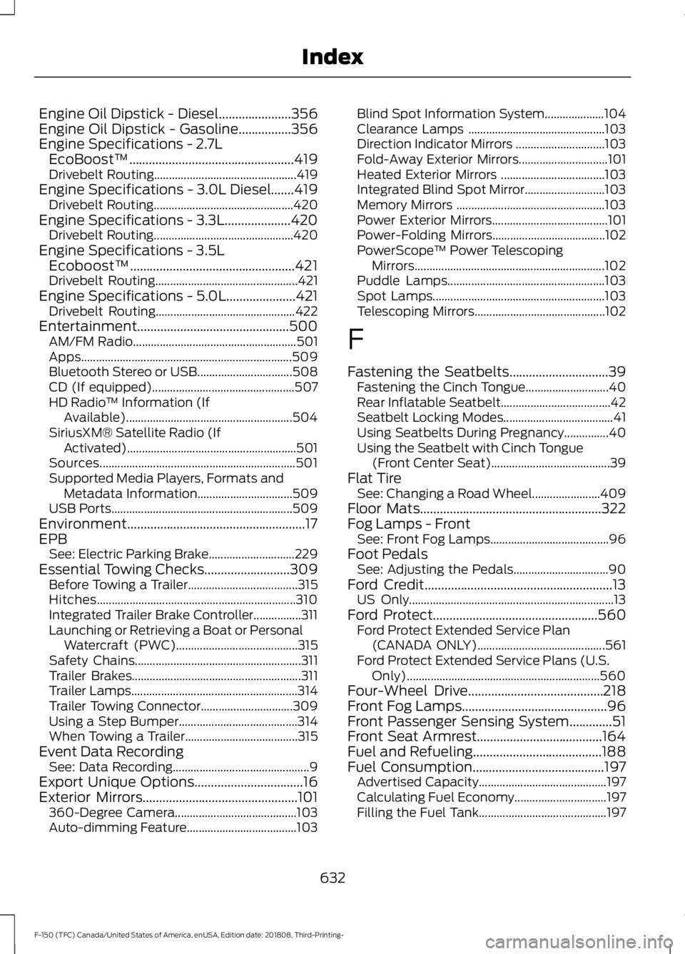 FORD F-150 2019 Owners Manual Engine Oil Dipstick - Diesel......................356
Engine Oil Dipstick - Gasoline................356
Engine Specifications - 2.7L
EcoBoost™..................................................419
Dr FORD F-150 2019 Owners Manual Engine Oil Dipstick - Diesel......................356
Engine Oil Dipstick - Gasoline................356
Engine Specifications - 2.7L
EcoBoost™..................................................419
Dr