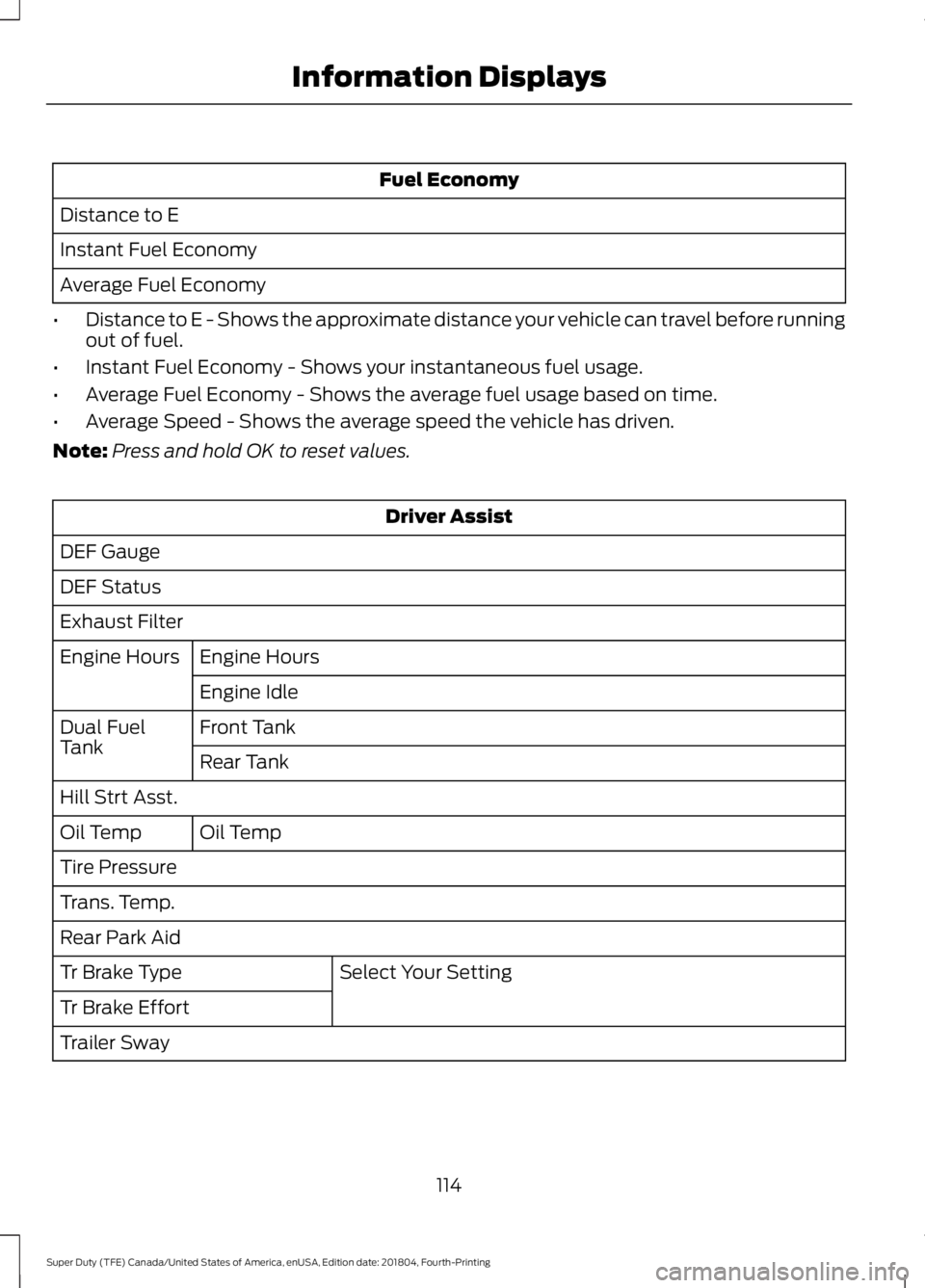 FORD F-250 2019  Owners Manual Fuel Economy
Distance to E
Instant Fuel Economy
Average Fuel Economy
• Distance to E - Shows the approximate distance your vehicle can travel before running
out of fuel.
• Instant Fuel Economy - S