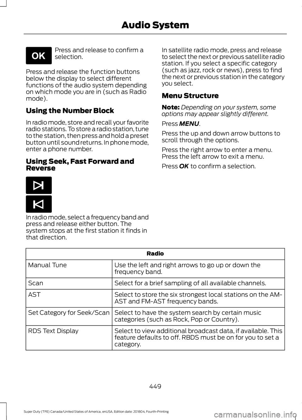 FORD F-250 2019  Owners Manual Press and release to confirm a
selection.
Press and release the function buttons
below the display to select different
functions of the audio system depending
on which mode you are in (such as Radio
m