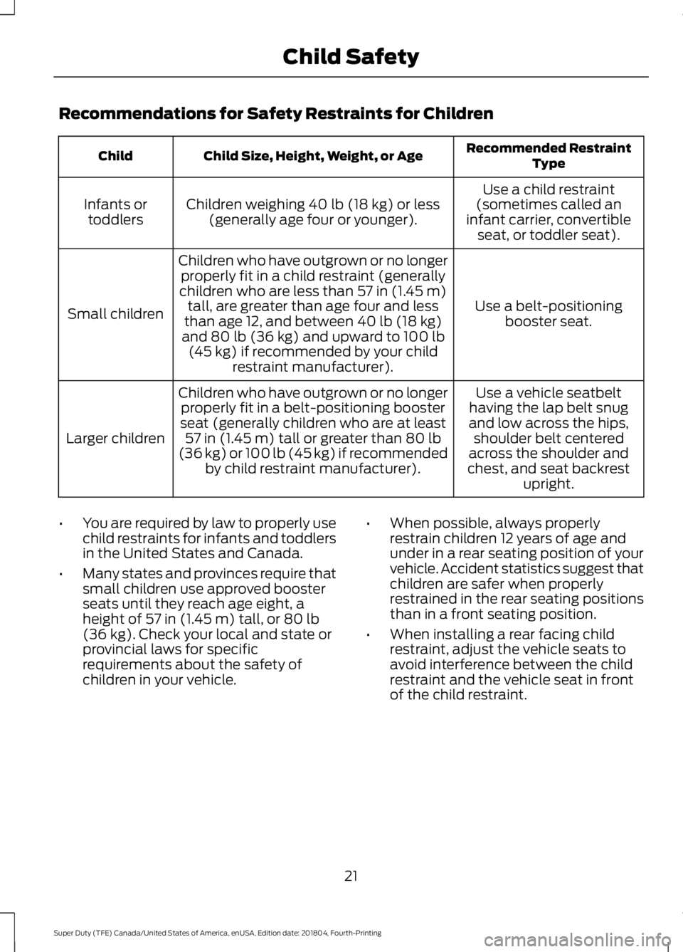 FORD F-350 2019  Owners Manual Recommendations for Safety Restraints for Children
Recommended Restraint
Type
Child Size, Height, Weight, or Age
Child
Use a child restraint
(sometimes called an
infant carrier, convertible seat, or t
