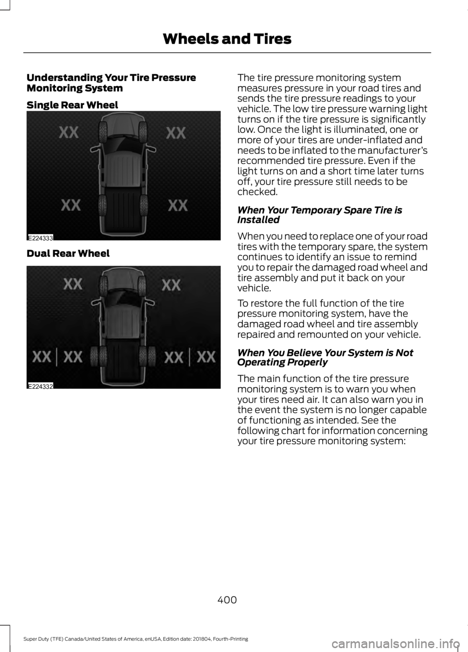FORD F-350 2019 Owners Manual Understanding Your Tire Pressure
Monitoring System
Single Rear Wheel
Dual Rear Wheel The tire pressure monitoring system
measures pressure in your road tires and
sends the tire pressure readings to yo FORD F-350 2019 Owners Manual Understanding Your Tire Pressure
Monitoring System
Single Rear Wheel
Dual Rear Wheel The tire pressure monitoring system
measures pressure in your road tires and
sends the tire pressure readings to yo