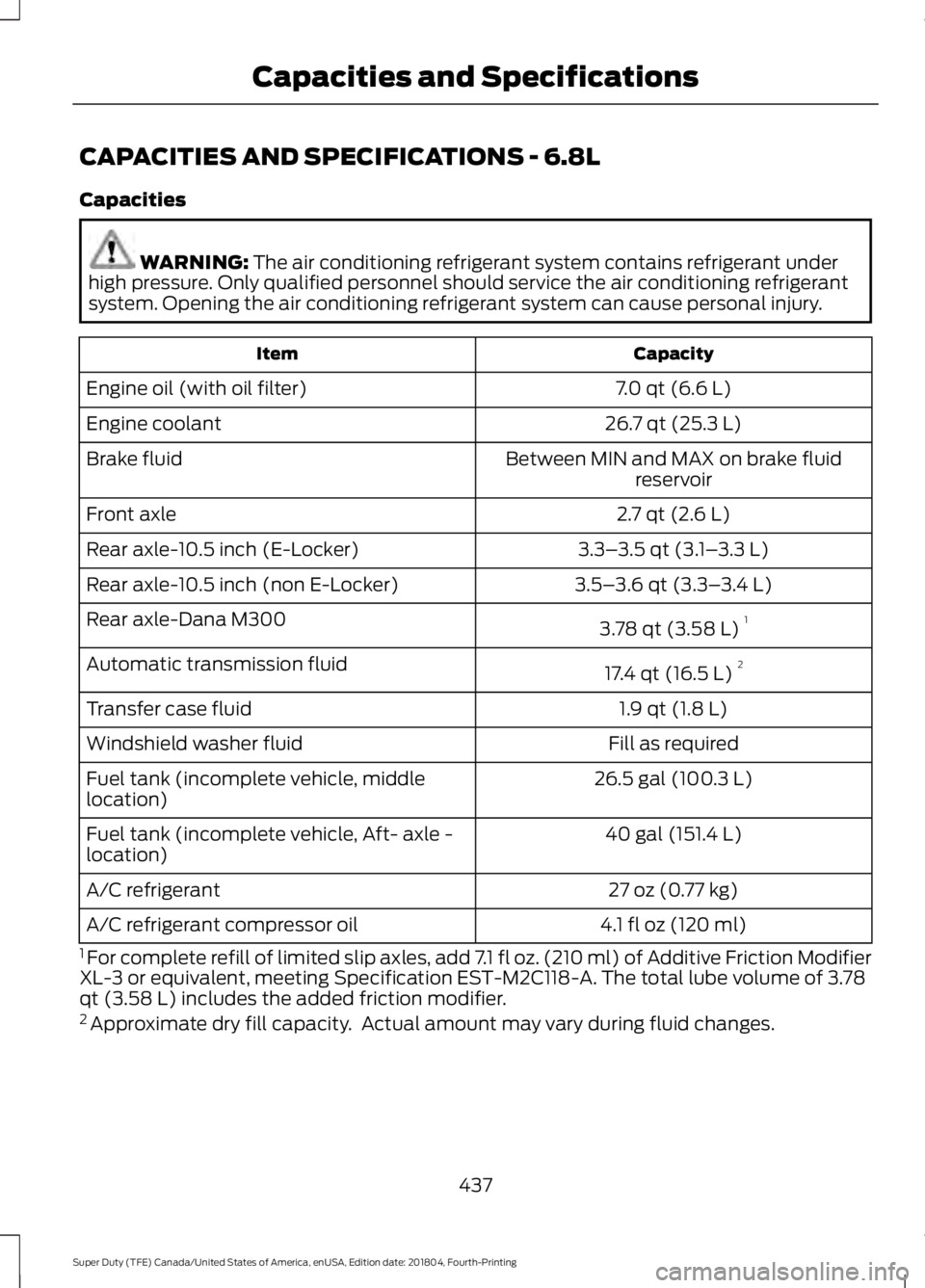 FORD F-350 2019  Owners Manual CAPACITIES AND SPECIFICATIONS - 6.8L
Capacities
WARNING: The air conditioning refrigerant system contains refrigerant under
high pressure. Only qualified personnel should service the air conditioning 