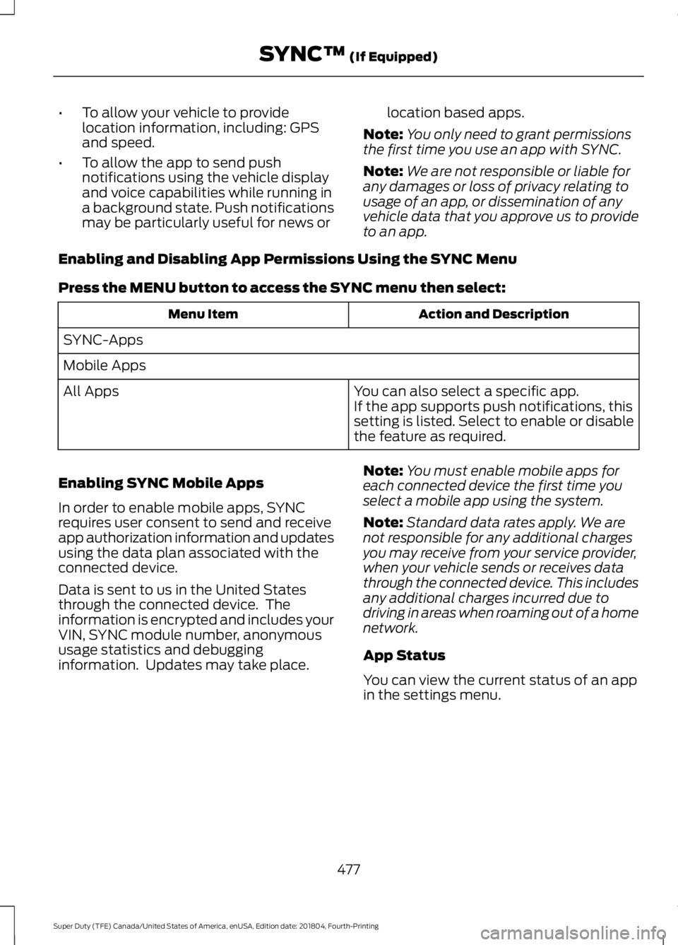 FORD F-350 2019 Owners Manual •
To allow your vehicle to provide
location information, including: GPS
and speed.
• To allow the app to send push
notifications using the vehicle display
and voice capabilities while running in
a FORD F-350 2019 Owners Manual •
To allow your vehicle to provide
location information, including: GPS
and speed.
• To allow the app to send push
notifications using the vehicle display
and voice capabilities while running in
a