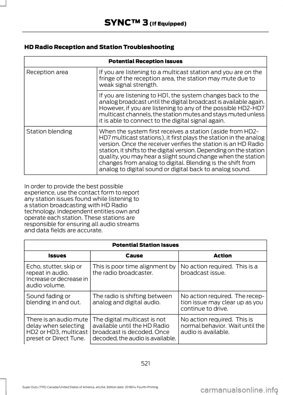 FORD F-350 2019 Owners Manual HD Radio Reception and Station Troubleshooting
Potential Reception Issues
If you are listening to a multicast station and you are on the
fringe of the reception area, the station may mute due to
weak FORD F-350 2019 Owners Manual HD Radio Reception and Station Troubleshooting
Potential Reception Issues
If you are listening to a multicast station and you are on the
fringe of the reception area, the station may mute due to
weak