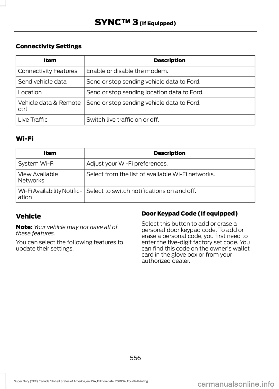 FORD F-350 2019 Owners Manual Connectivity Settings
Description
Item
Enable or disable the modem.
Connectivity Features
Send or stop sending vehicle data to Ford.
Send vehicle data
Send or stop sending location data to Ford.
Locat FORD F-350 2019 Owners Manual Connectivity Settings
Description
Item
Enable or disable the modem.
Connectivity Features
Send or stop sending vehicle data to Ford.
Send vehicle data
Send or stop sending location data to Ford.
Locat