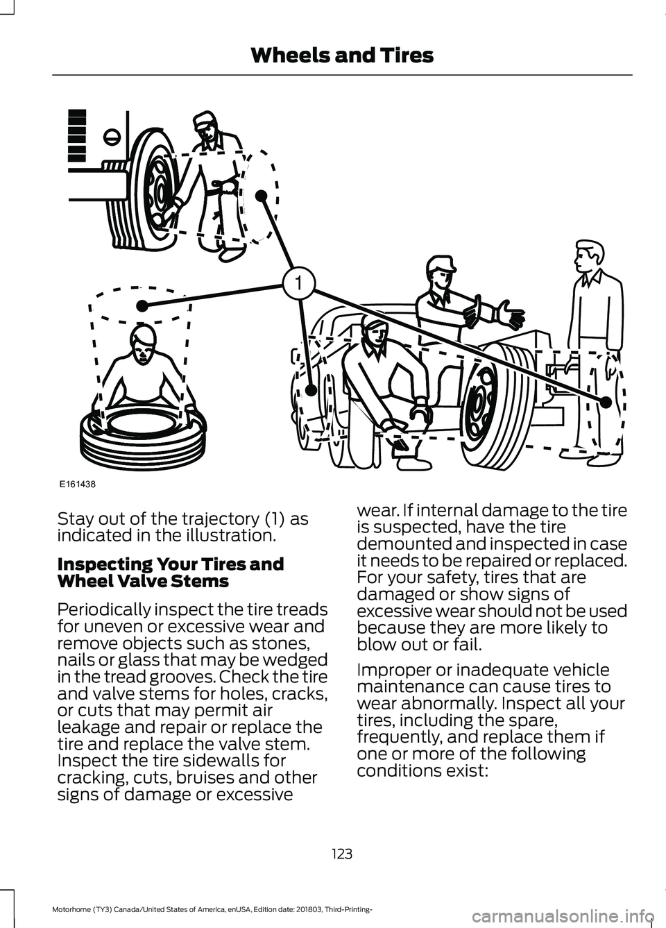 FORD F-53 2019  Owners Manual Stay out of the trajectory (1) asindicated in the illustration.
Inspecting Your Tires andWheel Valve Stems
Periodically inspect the tire treadsfor uneven or excessive wear andremove objects such as st