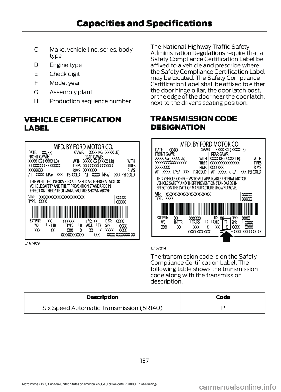 FORD F-53 2019  Owners Manual Make, vehicle line, series, bodytypeC
Engine typeD
Check digitE
Model yearF
Assembly plantG
Production sequence numberH
VEHICLE CERTIFICATION
LABEL
The National Highway Traffic SafetyAdministration Re