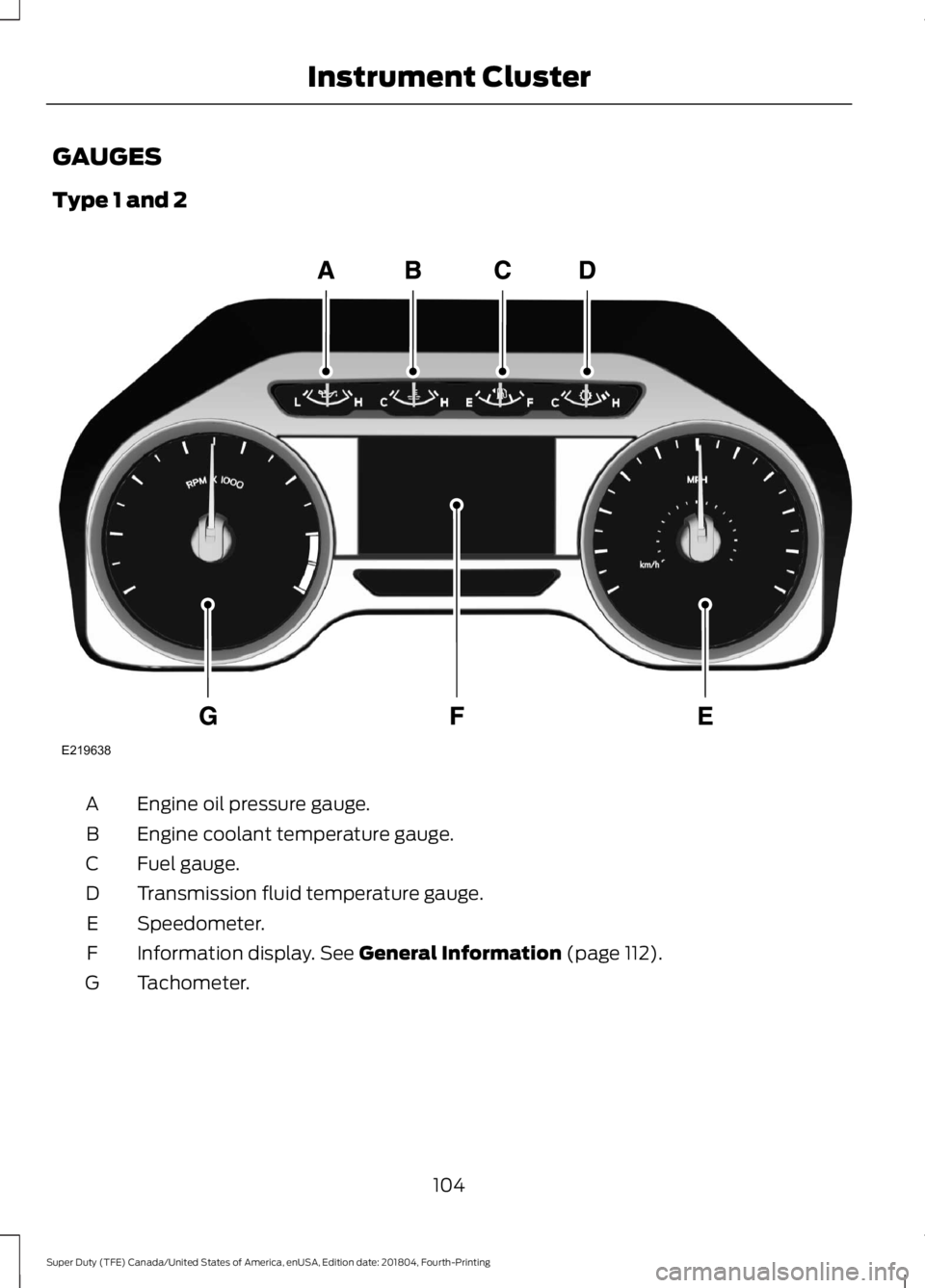 FORD F-550 2019  Owners Manual GAUGES
Type 1 and 2
Engine oil pressure gauge.
A
Engine coolant temperature gauge.
B
Fuel gauge.
C
Transmission fluid temperature gauge.
D
Speedometer.
E
Information display. See General Information (