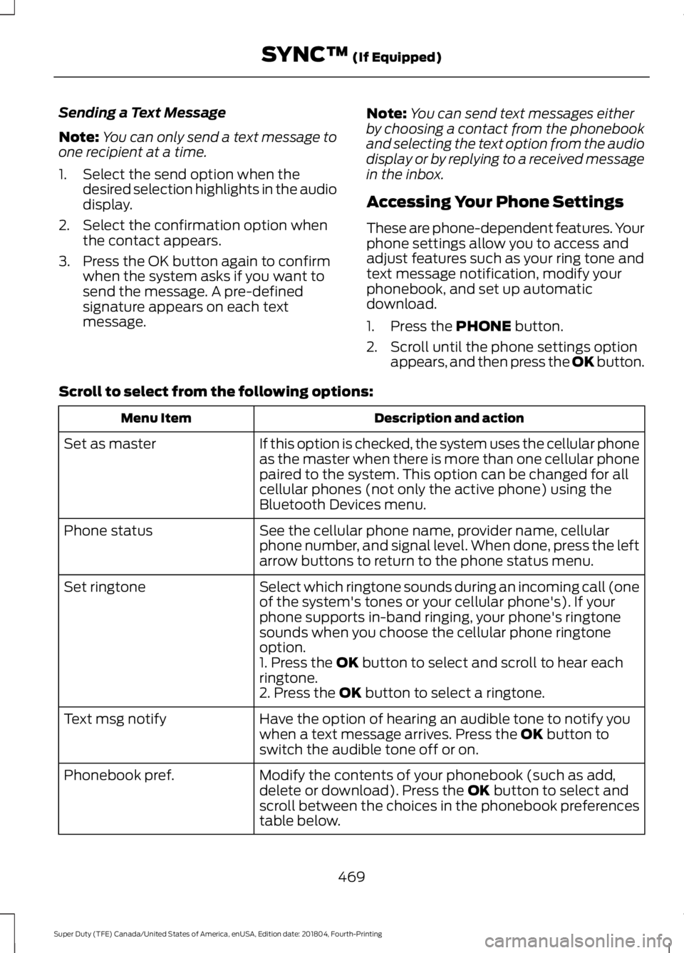 FORD F-550 2019  Owners Manual Sending a Text Message
Note:
You can only send a text message to
one recipient at a time.
1. Select the send option when the desired selection highlights in the audio
display.
2. Select the confirmati