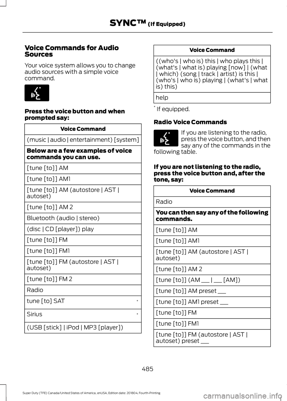 FORD F-550 2019 Owners Manual Voice Commands for Audio
Sources
Your voice system allows you to change
audio sources with a simple voice
command.
Press the voice button and when
prompted say:
Voice Command
(music | audio | entertai FORD F-550 2019 Owners Manual Voice Commands for Audio
Sources
Your voice system allows you to change
audio sources with a simple voice
command.
Press the voice button and when
prompted say:
Voice Command
(music | audio | entertai