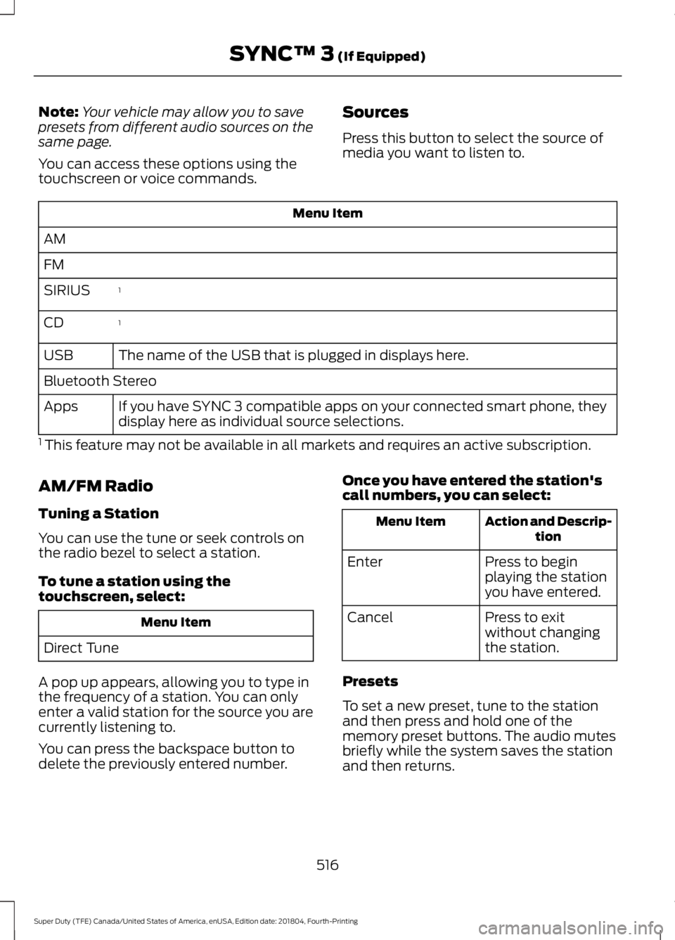 FORD F-550 2019  Owners Manual Note:
Your vehicle may allow you to save
presets from different audio sources on the
same page.
You can access these options using the
touchscreen or voice commands. Sources
Press this button to selec