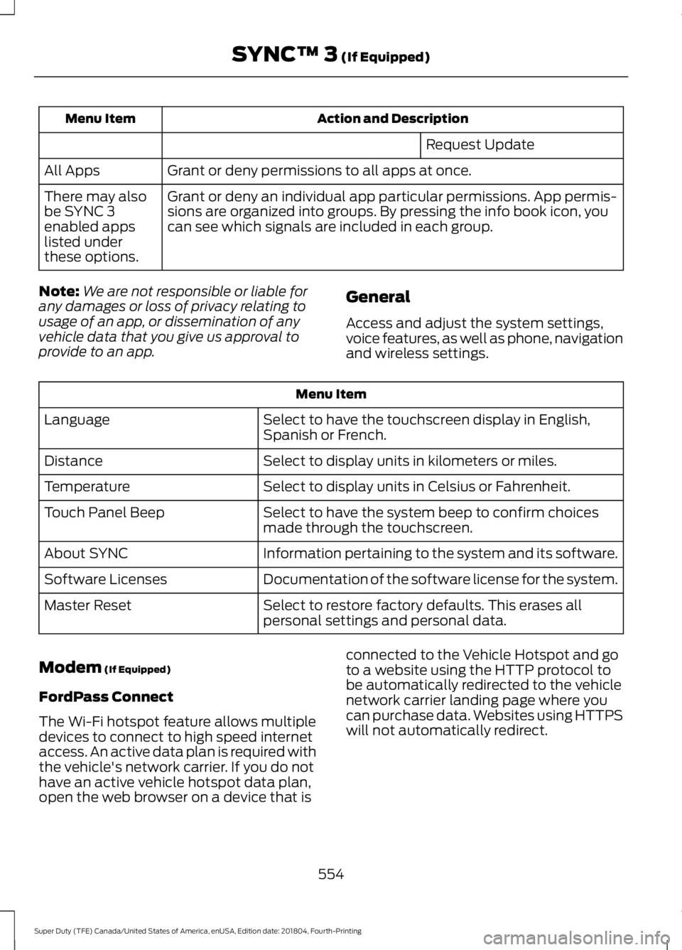 FORD F-550 2019 Owners Manual Action and Description
Menu Item
Request Update
Grant or deny permissions to all apps at once.
All Apps
Grant or deny an individual app particular permissions. App permis-
sions are organized into gro FORD F-550 2019 Owners Manual Action and Description
Menu Item
Request Update
Grant or deny permissions to all apps at once.
All Apps
Grant or deny an individual app particular permissions. App permis-
sions are organized into gro