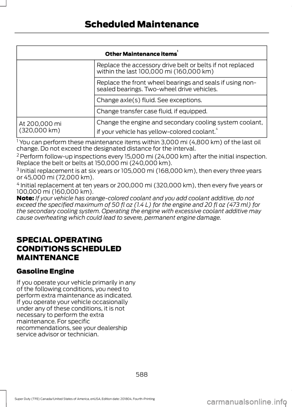 FORD F-550 2019  Owners Manual Other Maintenance items
1
Replace the accessory drive belt or belts if not replaced
within the last 100,000 mi (160,000 km)
Replace the front wheel bearings and seals if using non-
sealed bearings. Tw