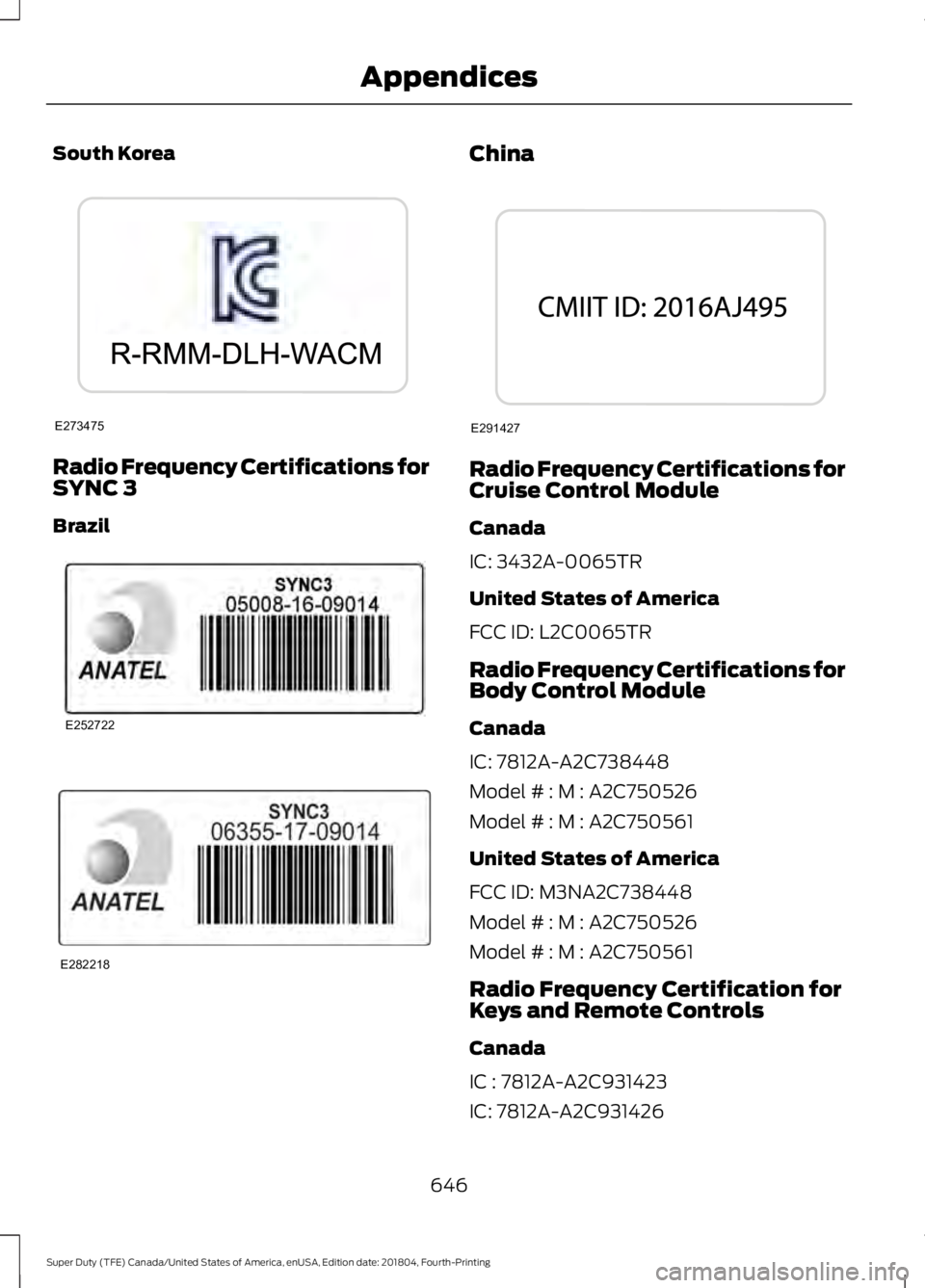 FORD F-550 2019  Owners Manual South Korea
Radio Frequency Certifications for
SYNC 3
Brazil China
Radio Frequency Certifications for
Cruise Control Module
Canada
IC: 3432A-0065TR
United States of America
FCC ID: L2C0065TR
Radio Fre