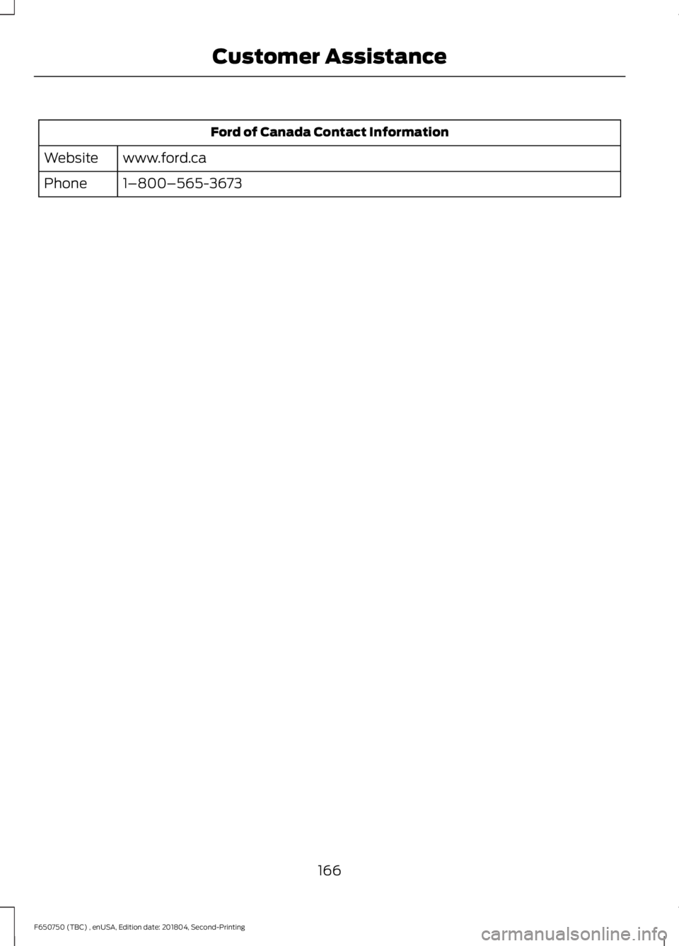 FORD F650/750 2019  Owners Manual Ford of Canada Contact Information
www.ford.ca
Website
1–800–565-3673
Phone
166
F650750 (TBC) , enUSA, Edition date: 201804, Second-Printing Customer Assistance 