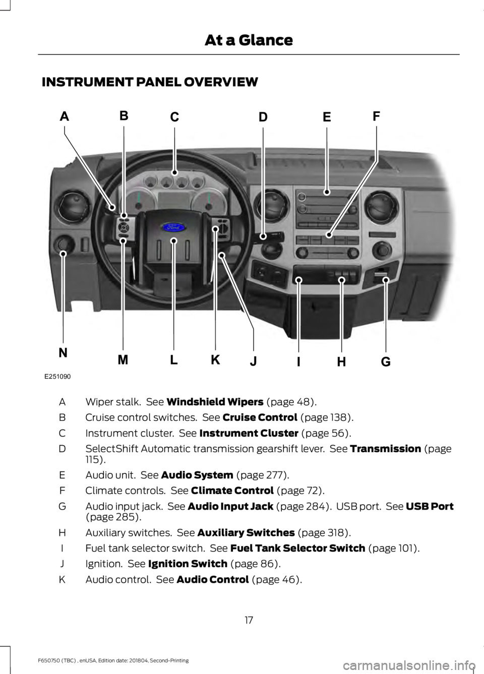FORD F650/750 2019  Owners Manual INSTRUMENT PANEL OVERVIEW
Wiper stalk.  See Windshield Wipers (page 48).
A
Cruise control switches.  See 
Cruise Control (page 138).
B
Instrument cluster.  See 
Instrument Cluster (page 56).
C
SelectS