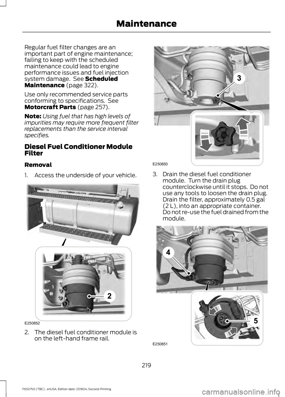FORD F650/750 2019  Owners Manual Regular fuel filter changes are an
important part of engine maintenance;
failing to keep with the scheduled
maintenance could lead to engine
performance issues and fuel injection
system damage.  See S