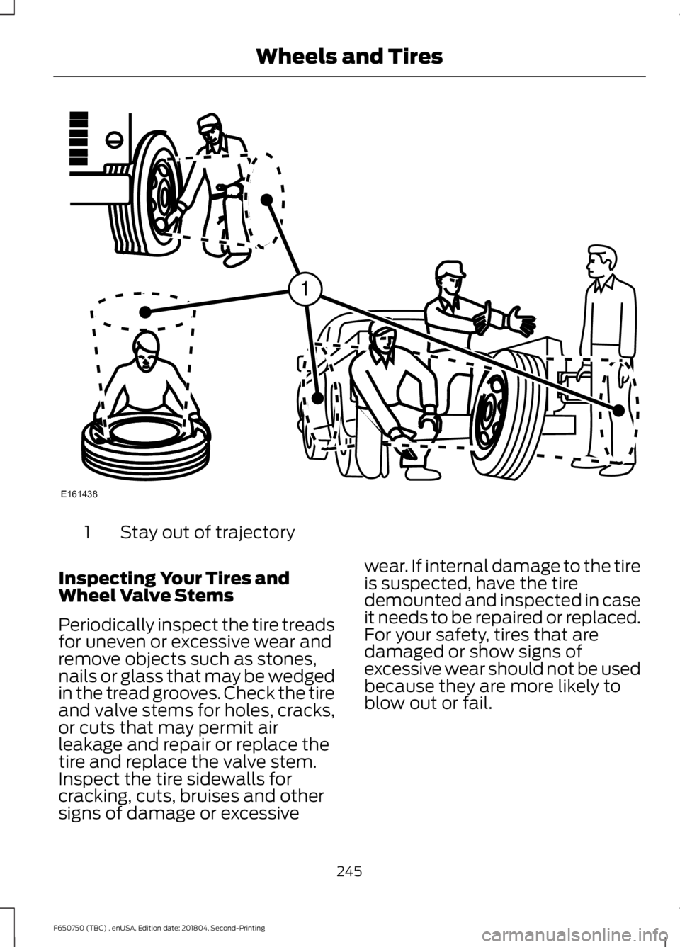 FORD F650/750 2019  Owners Manual Stay out of trajectory
1
Inspecting Your Tires and
Wheel Valve Stems
Periodically inspect the tire treads
for uneven or excessive wear and
remove objects such as stones,
nails or glass that may be wed
