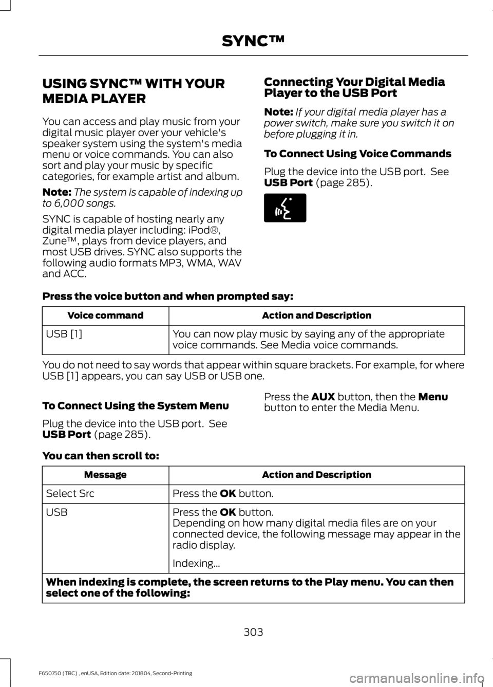 FORD F650/750 2019  Owners Manual USING SYNC™ WITH YOUR
MEDIA PLAYER
You can access and play music from your
digital music player over your vehicle's
speaker system using the system's media
menu or voice commands. You can al