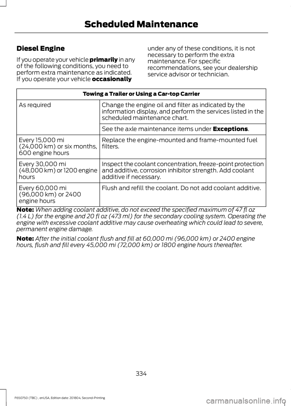 FORD F650/750 2019  Owners Manual Diesel Engine
If you operate your vehicle primarily in any
of the following conditions, you need to
perform extra maintenance as indicated.
If you operate your vehicle 
occasionally under any of these