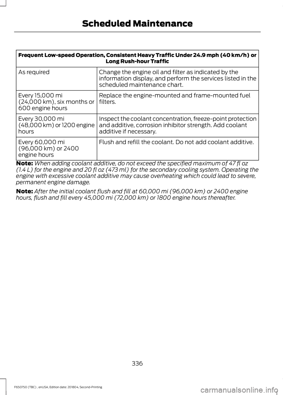 FORD F650/750 2019  Owners Manual Frequent Low-speed Operation, Consistent Heavy Traffic Under 24.9 mph (40 km/h)  or
Long Rush-hour Traffic
Change the engine oil and filter as indicated by the
information display, and perform the ser