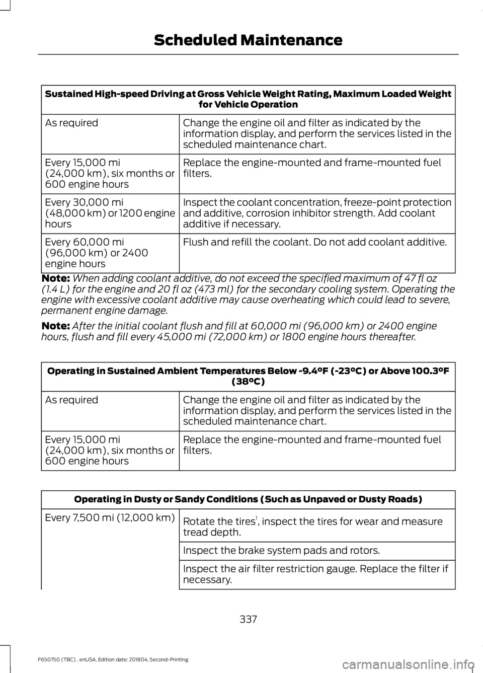 FORD F650/750 2019  Owners Manual Sustained High-speed Driving at Gross Vehicle Weight Rating, Maximum Loaded Weight
for Vehicle Operation
Change the engine oil and filter as indicated by the
information display, and perform the servi