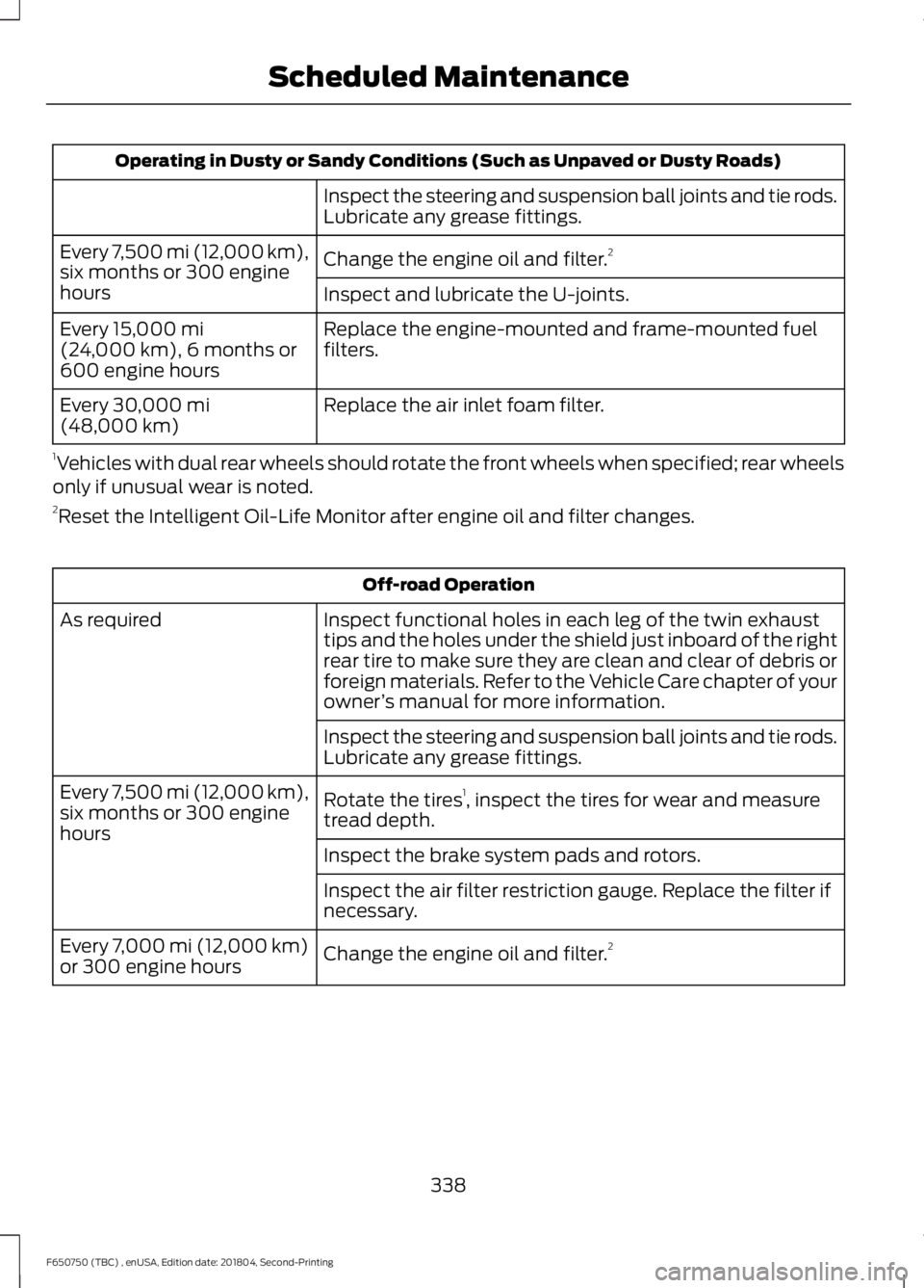 FORD F650/750 2019  Owners Manual Operating in Dusty or Sandy Conditions (Such as Unpaved or Dusty Roads)
Inspect the steering and suspension ball joints and tie rods.
Lubricate any grease fittings.
Change the engine oil and filter. 2