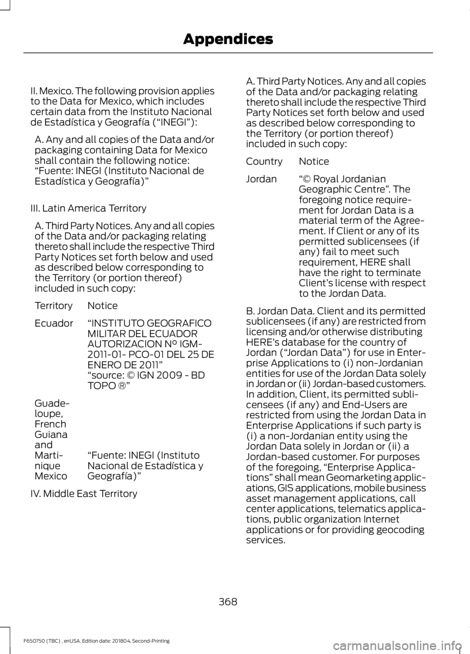 FORD F650/750 2019  Owners Manual II. Mexico. The following provision applies
to the Data for Mexico, which includes
certain data from the Instituto Nacional
de Estadística y Geografía (“INEGI”):
A. Any and all copies of the Dat