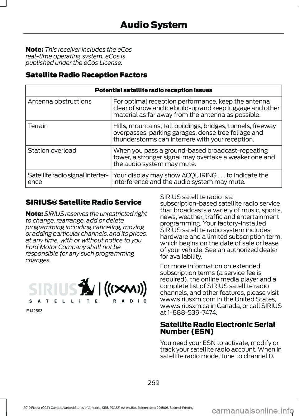 FORD FIESTA 2019 Owners Manual Note:
This receiver includes the eCos
real-time operating system. eCos is
published under the eCos License.
Satellite Radio Reception Factors Potential satellite radio reception issues
For optimal rec FORD FIESTA 2019 Owners Manual Note:
This receiver includes the eCos
real-time operating system. eCos is
published under the eCos License.
Satellite Radio Reception Factors Potential satellite radio reception issues
For optimal rec