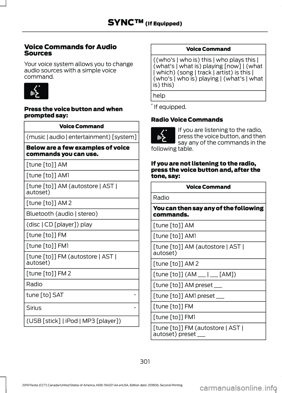 FORD FIESTA 2019 Owners Manual Voice Commands for Audio
Sources
Your voice system allows you to change
audio sources with a simple voice
command.
Press the voice button and when
prompted say:
Voice Command
(music | audio | entertai FORD FIESTA 2019 Owners Manual Voice Commands for Audio
Sources
Your voice system allows you to change
audio sources with a simple voice
command.
Press the voice button and when
prompted say:
Voice Command
(music | audio | entertai