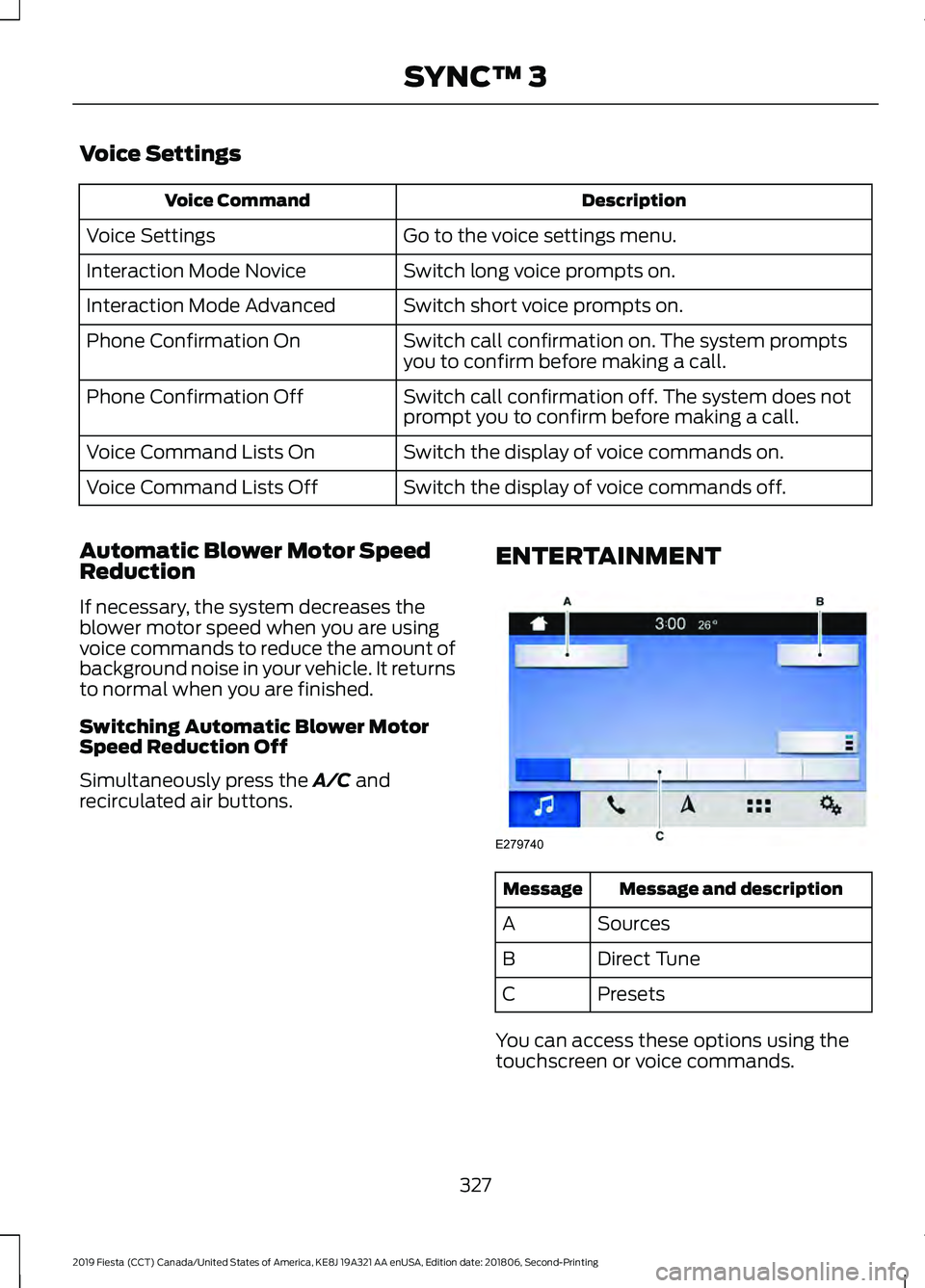 FORD FIESTA 2019 Owners Manual Voice Settings
Description
Voice Command
Go to the voice settings menu.
Voice Settings
Switch long voice prompts on.
Interaction Mode Novice
Switch short voice prompts on.
Interaction Mode Advanced
Sw FORD FIESTA 2019 Owners Manual Voice Settings
Description
Voice Command
Go to the voice settings menu.
Voice Settings
Switch long voice prompts on.
Interaction Mode Novice
Switch short voice prompts on.
Interaction Mode Advanced
Sw