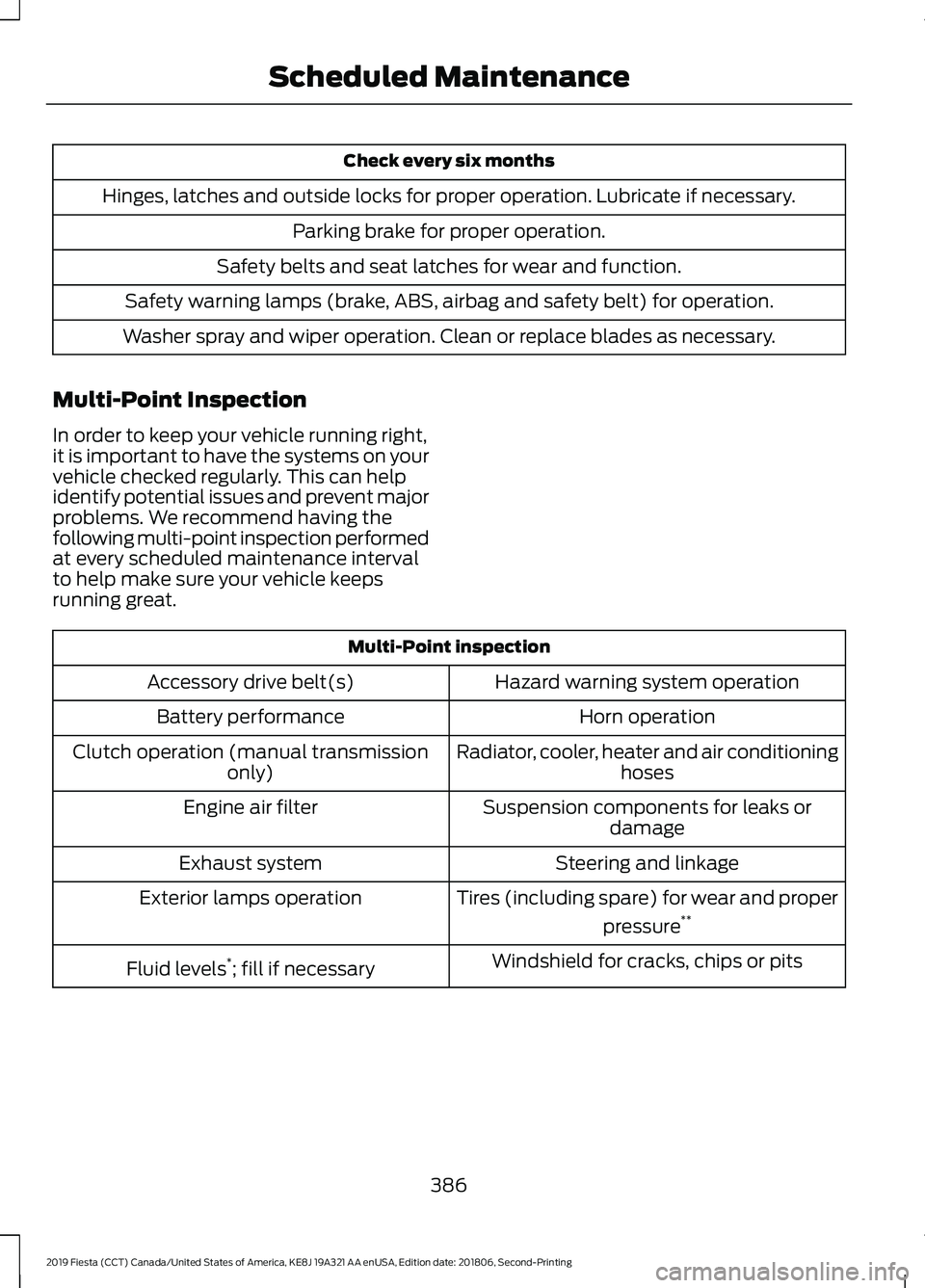 FORD FIESTA 2019 Owners Manual Check every six months
Hinges, latches and outside locks for proper operation. Lubricate if necessary. Parking brake for proper operation.
Safety belts and seat latches for wear and function.
Safety w FORD FIESTA 2019 Owners Manual Check every six months
Hinges, latches and outside locks for proper operation. Lubricate if necessary. Parking brake for proper operation.
Safety belts and seat latches for wear and function.
Safety w