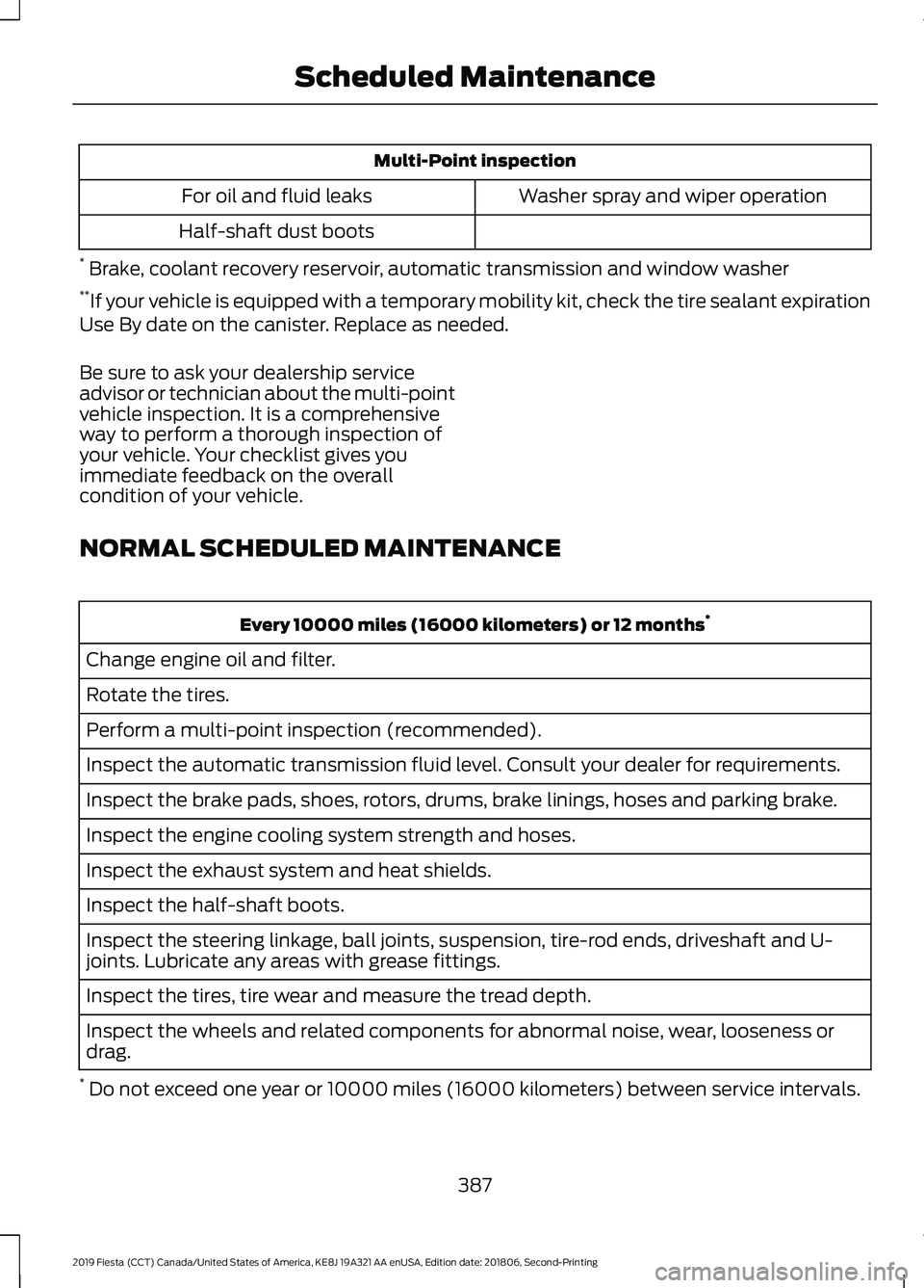FORD FIESTA 2019 Owners Manual Multi-Point inspection
Washer spray and wiper operation
For oil and fluid leaks
Half-shaft dust boots
* Brake, coolant recovery reservoir, automatic transmission and window washer
** If your vehicle FORD FIESTA 2019 Owners Manual Multi-Point inspection
Washer spray and wiper operation
For oil and fluid leaks
Half-shaft dust boots
* Brake, coolant recovery reservoir, automatic transmission and window washer
** If your vehicle