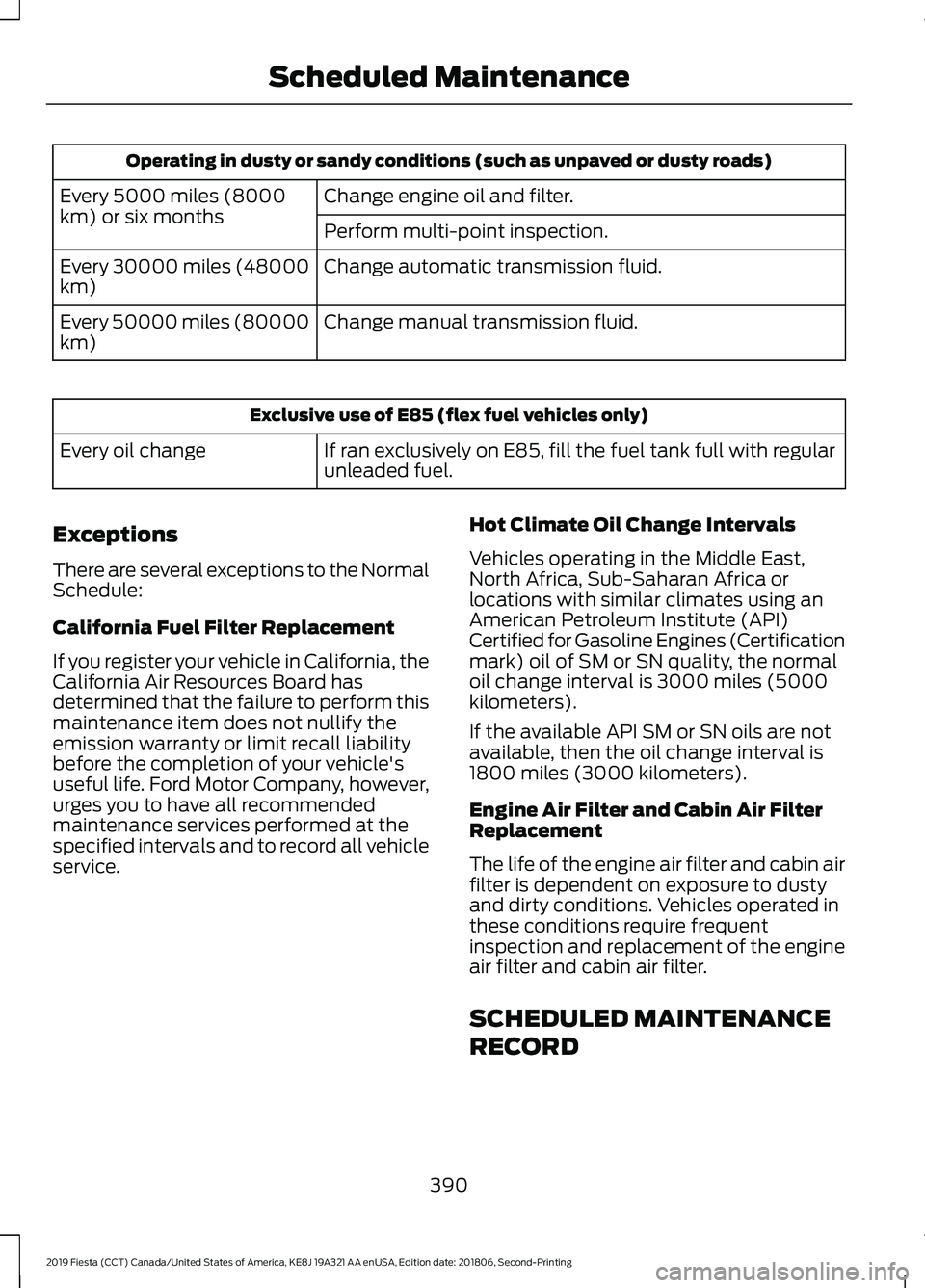 FORD FIESTA 2019 Owners Manual Operating in dusty or sandy conditions (such as unpaved or dusty roads)
Change engine oil and filter.
Every 5000 miles (8000
km) or six months
Perform multi-point inspection.
Change automatic transmis FORD FIESTA 2019 Owners Manual Operating in dusty or sandy conditions (such as unpaved or dusty roads)
Change engine oil and filter.
Every 5000 miles (8000
km) or six months
Perform multi-point inspection.
Change automatic transmis