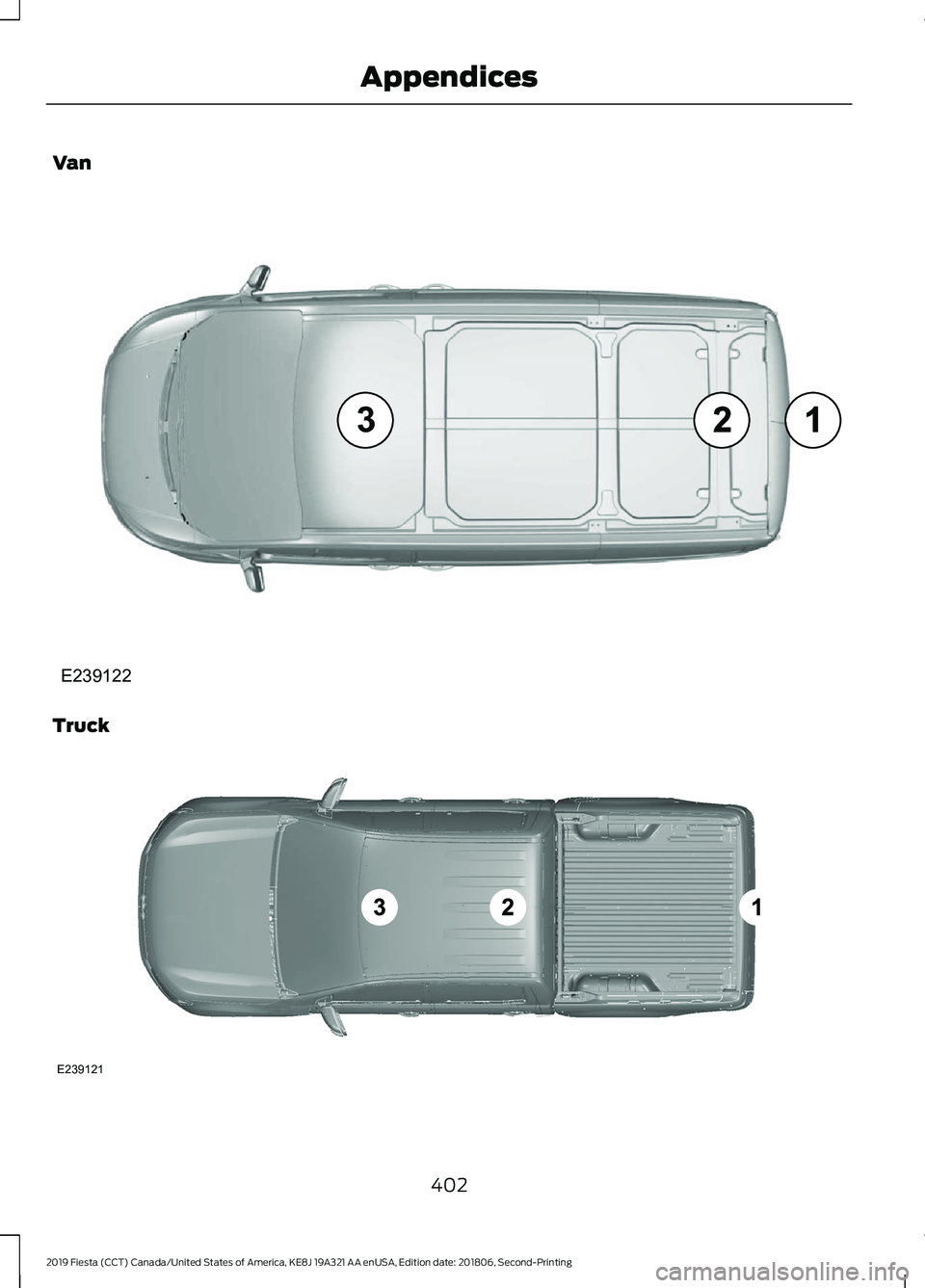 FORD FIESTA 2019  Owners Manual Van
Truck
402
2019 Fiesta (CCT) Canada/United States of America, KE8J 19A321 AA enUSA, Edition date: 201806, Second-Printing AppendicesE239122 E239121  