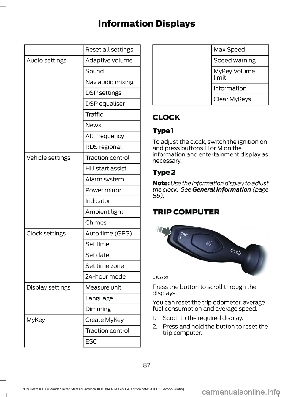 FORD FIESTA 2019 Owners Manual Reset all settings
Adaptive volume
Audio settings
Sound
Nav audio mixing
DSP settings
DSP equaliser
Traffic
News
Alt. frequency
RDS regional
Traction control
Vehicle settings
Hill start assist
Alarm s FORD FIESTA 2019 Owners Manual Reset all settings
Adaptive volume
Audio settings
Sound
Nav audio mixing
DSP settings
DSP equaliser
Traffic
News
Alt. frequency
RDS regional
Traction control
Vehicle settings
Hill start assist
Alarm s