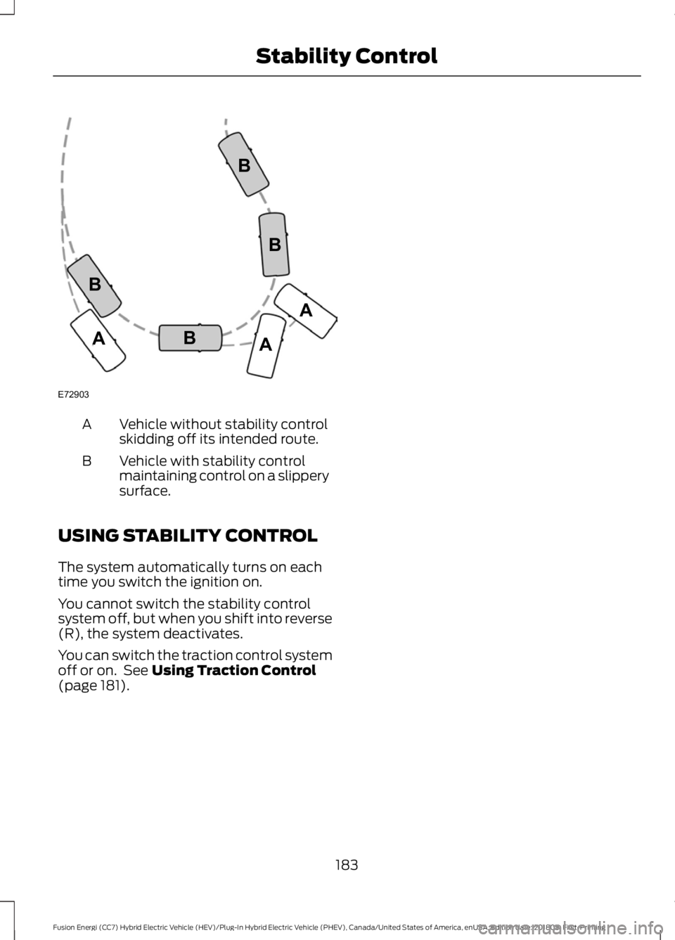 FORD FUSION HYBRID 2019  Owners Manual Vehicle without stability control
skidding off its intended route.
A
Vehicle with stability control
maintaining control on a slippery
surface.
B
USING STABILITY CONTROL
The system automatically turns 