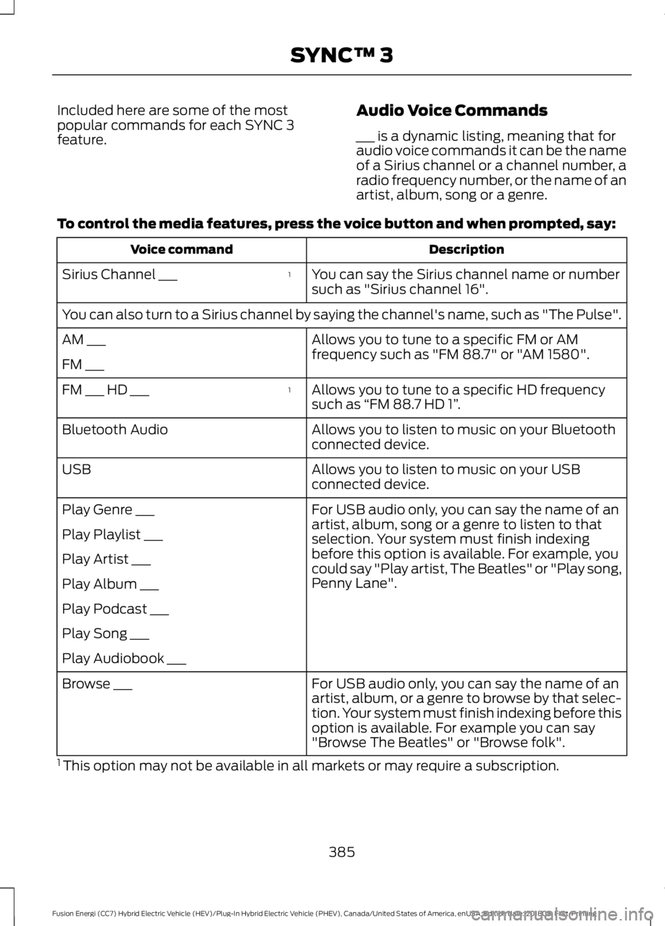 FORD FUSION HYBRID 2019  Owners Manual Included here are some of the most
popular commands for each SYNC 3
feature.
Audio Voice Commands
___ is a dynamic listing, meaning that for
audio voice commands it can be the name
of a Sirius channel
