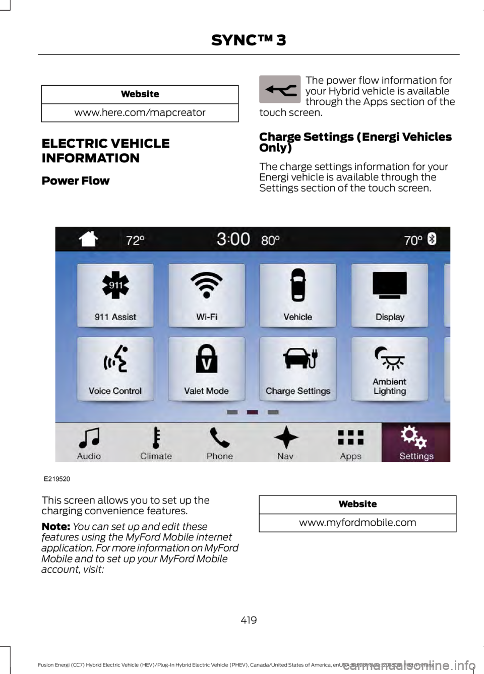FORD FUSION HYBRID 2019  Owners Manual Website
www.here.com/mapcreator
ELECTRIC VEHICLE
INFORMATION
Power Flow The power flow information for
your Hybrid vehicle is available
through the Apps section of the
touch screen.
Charge Settings (E